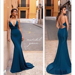 Teal detailed back prom dress